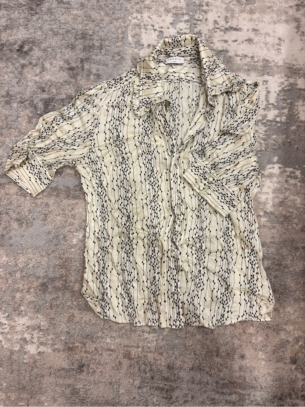 Sandro Cream Short-Sleeve Button-Down Shirt with Black Dot Stripe